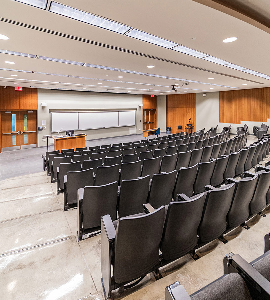 Lecture style classroom with fixed chairs